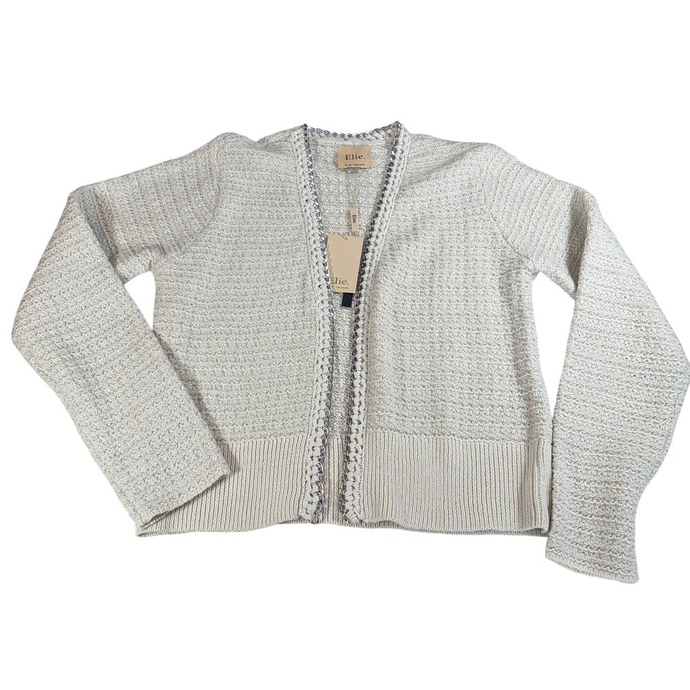 NWT Elie by Elie Tahari open cream cardigan wool blend Metallic trim. Size L